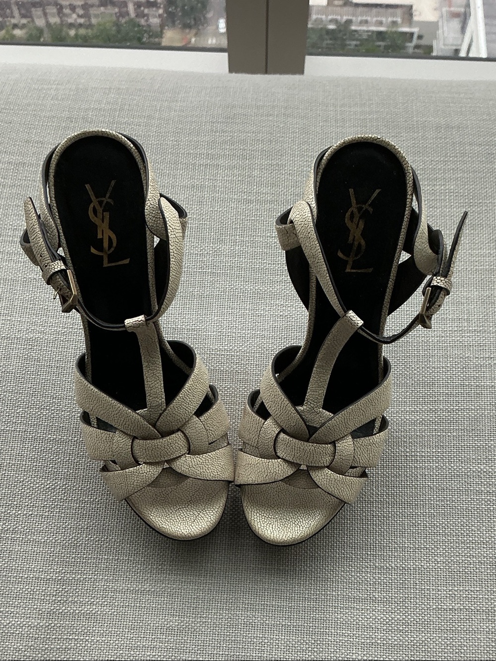 Saint Laurent ivory krackle leather Knotted T-Strap Heels